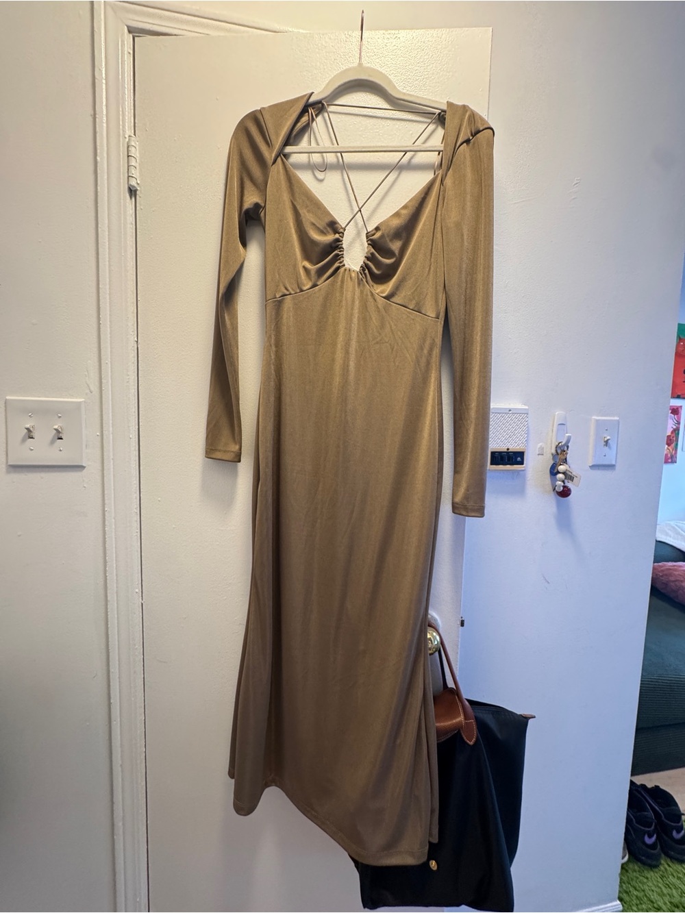 Jason Wu Metallic Gold Long-Sleeve Midi Dress with Strappy Back